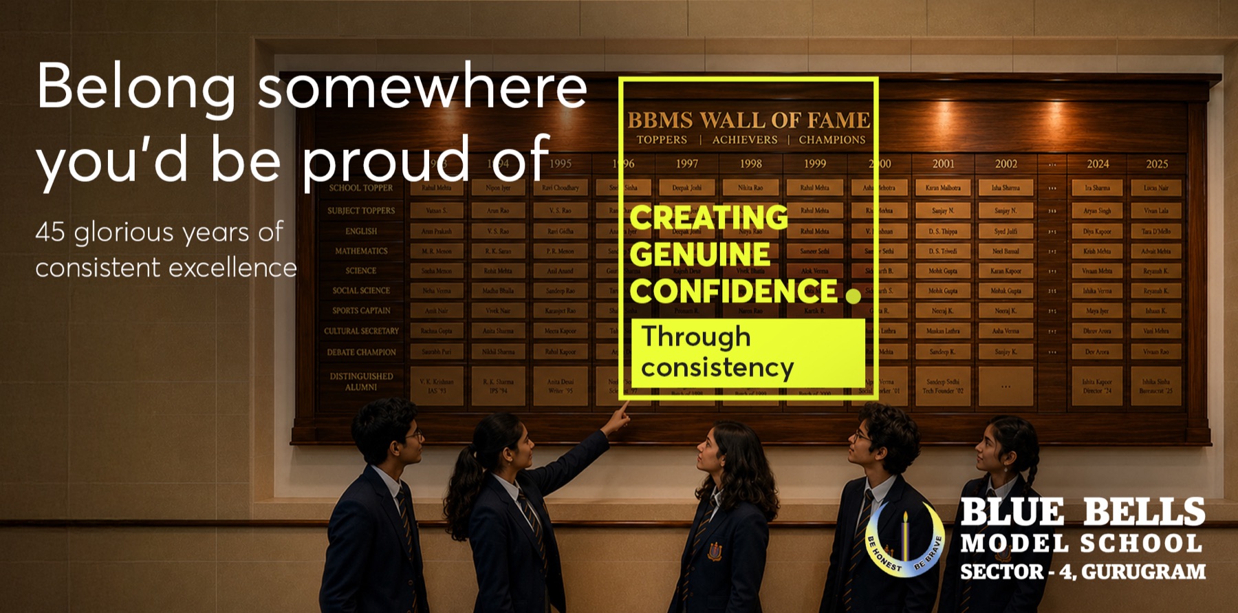 Blue Bells Model School hoarding on genuine confidence