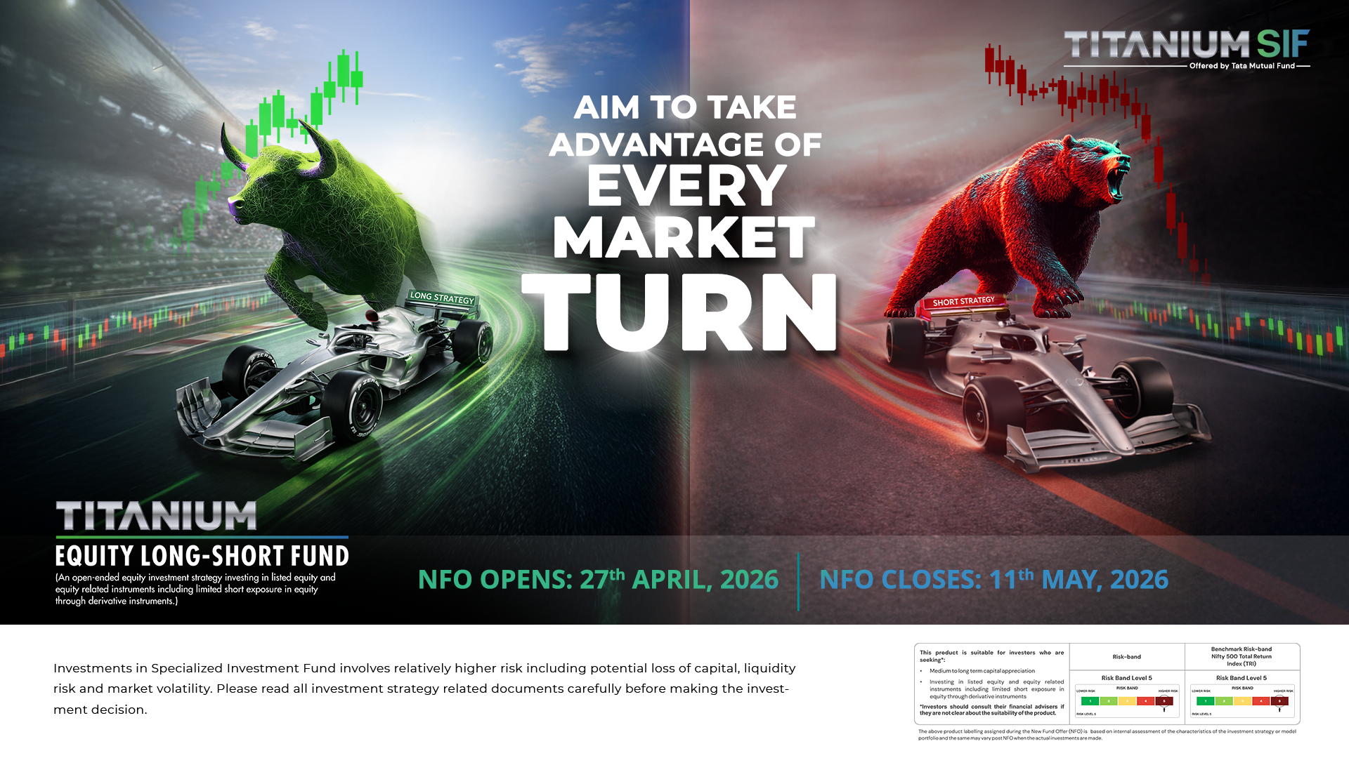 Titanium Equity Long Short Fund launch key visual - a bull and a bear on opposite sides of a race track under the line Aim to take advantage of every market turn