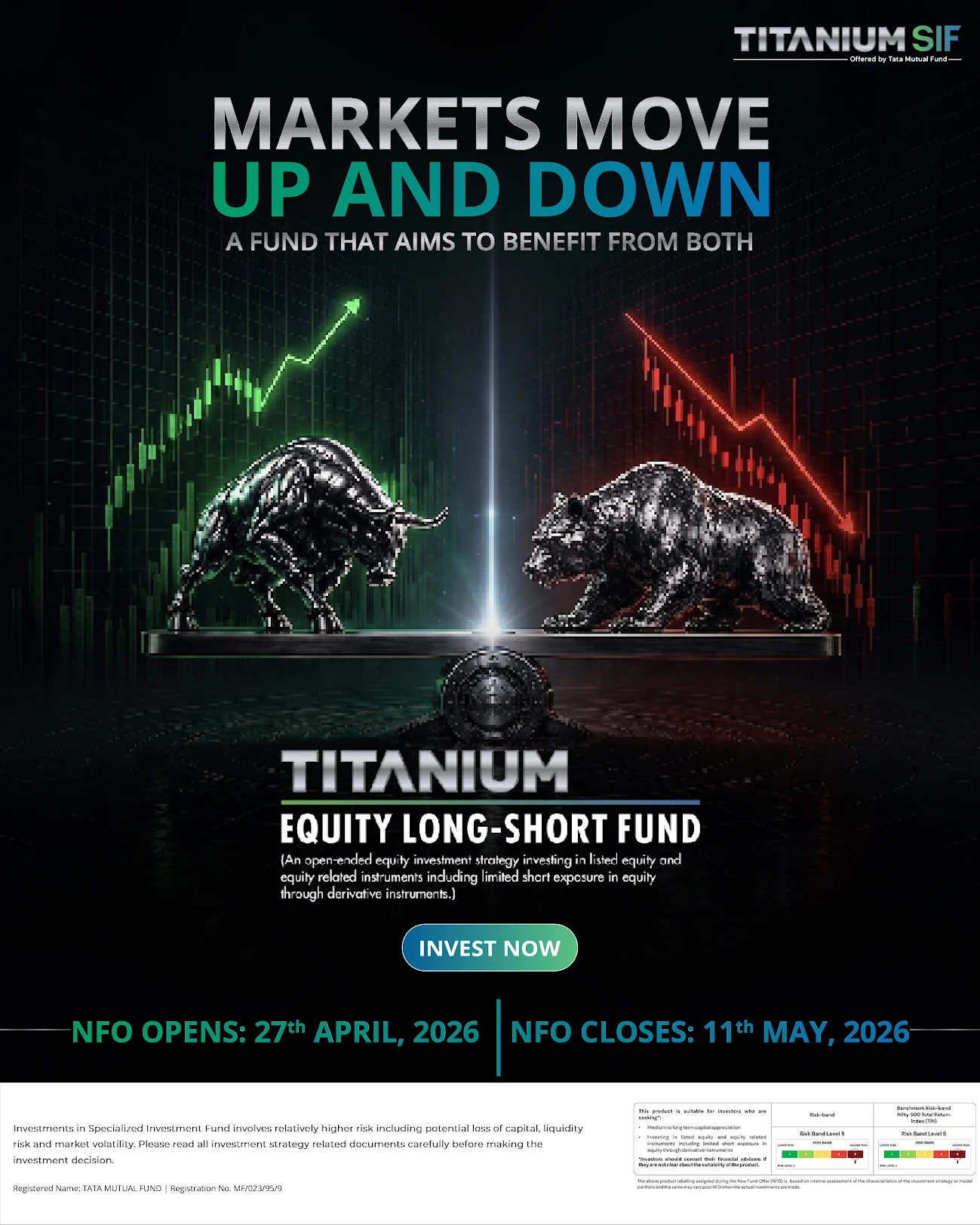 Sustenance post - a bull and a bear balanced on a scale under the line Markets move up and down, a fund that aims to benefit from both