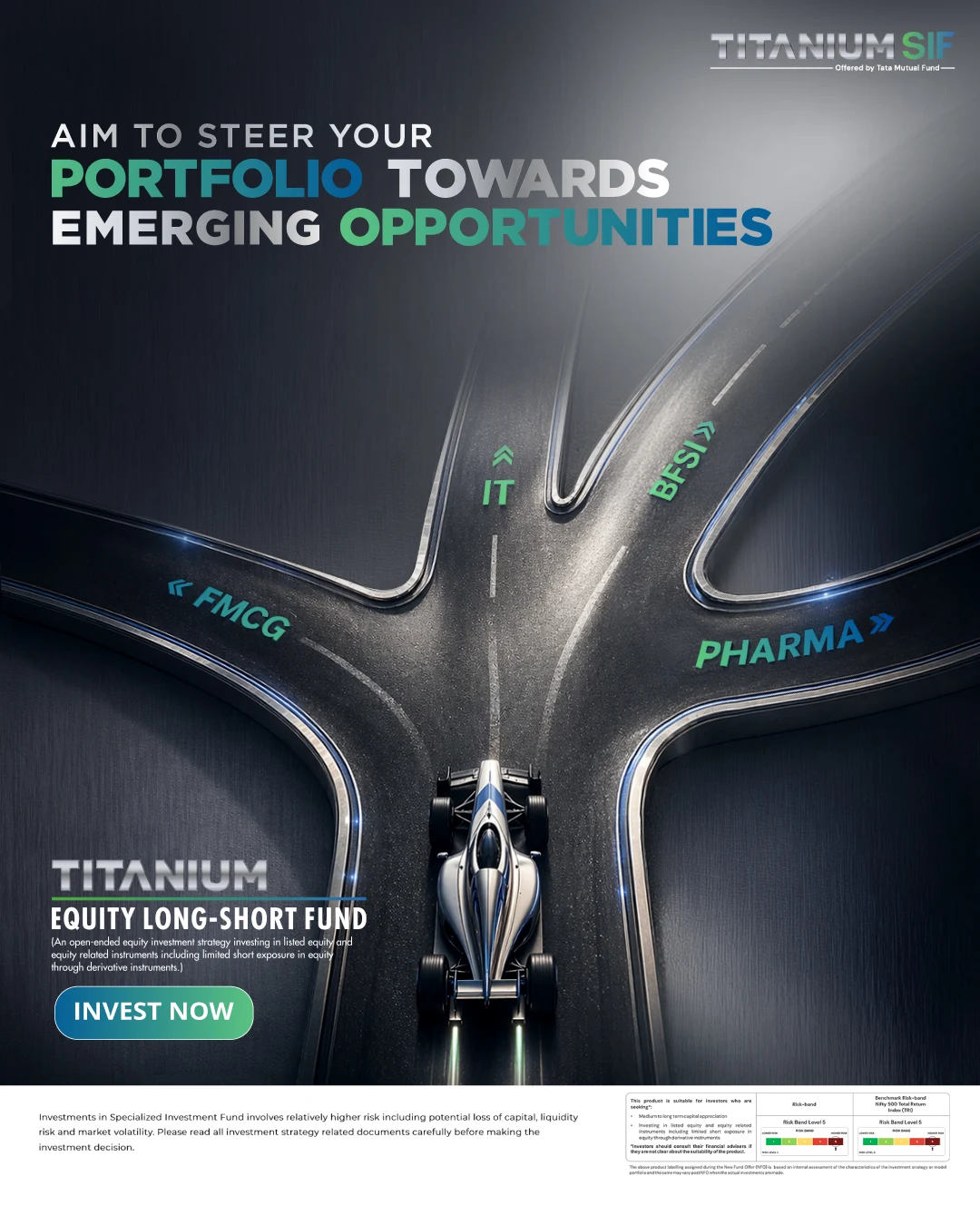 Sustenance post - a race car at a junction of roads marked IT, BFSI, FMCG and Pharma under the line Aim to steer your portfolio towards emerging opportunities